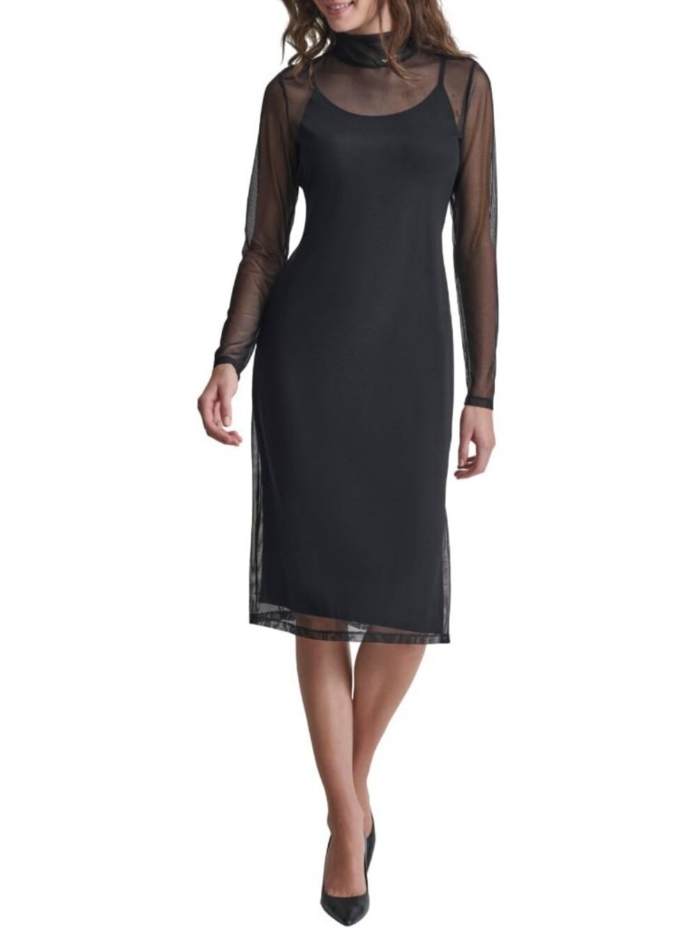 Chic Long Sleeve Mesh Turtleneck Dress with Tank - Perfect for Layering & Style